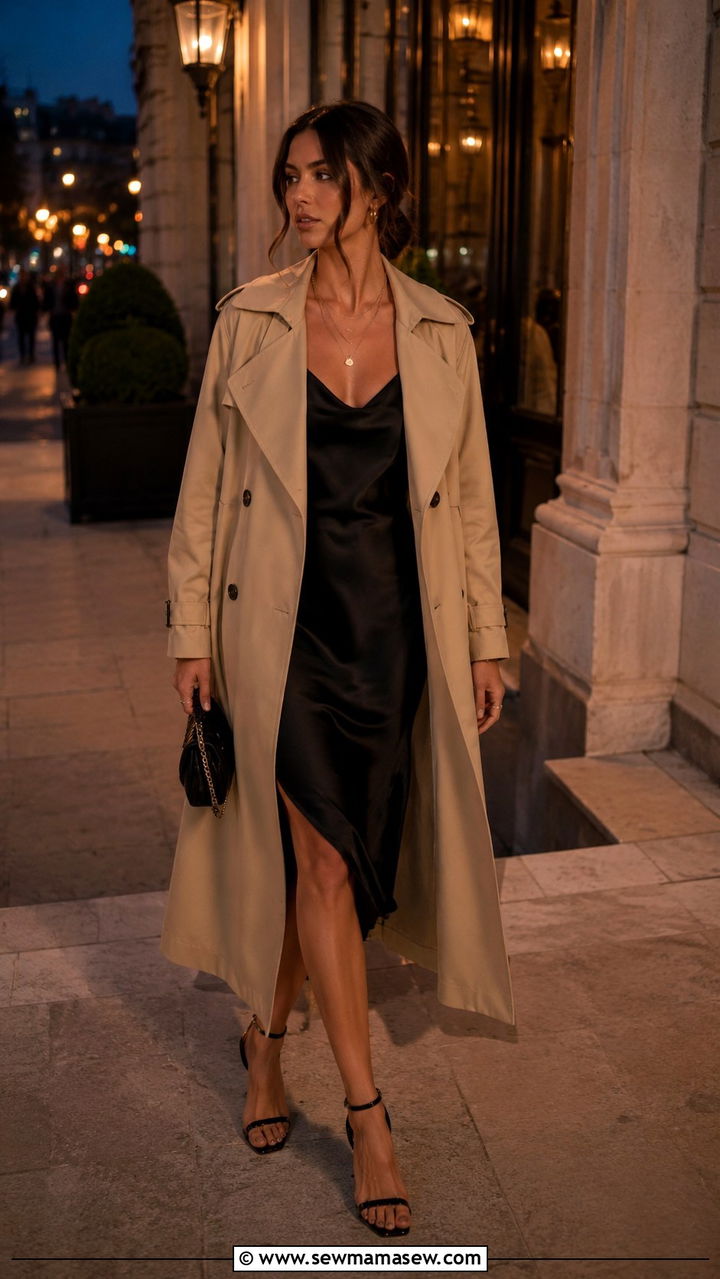 Trench coat with a slip dress and heeled sandals - 30 how to style trench coat outfits