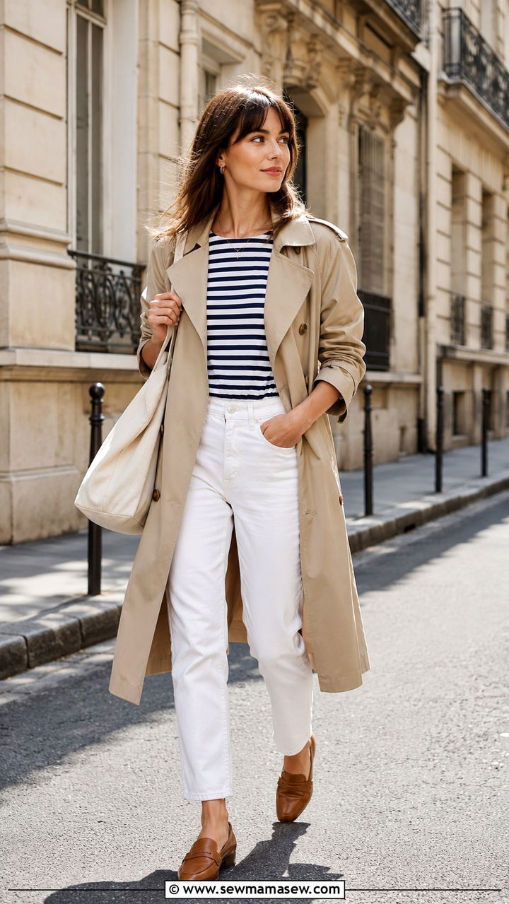 Trench coat with a striped Breton shirt and white jeans - 30 How to style a trench coat in spring