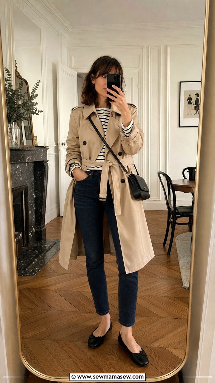 Trench coat with a striped shirt and ballet flats - 30 how to style trench coat outfits