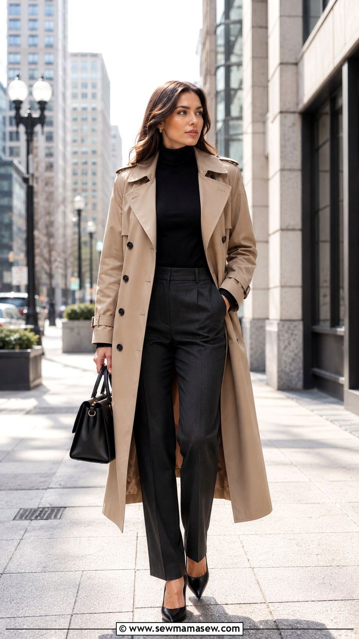 Trench coat with a turtleneck and tailored trousers - 30 how to style trench coat outfits