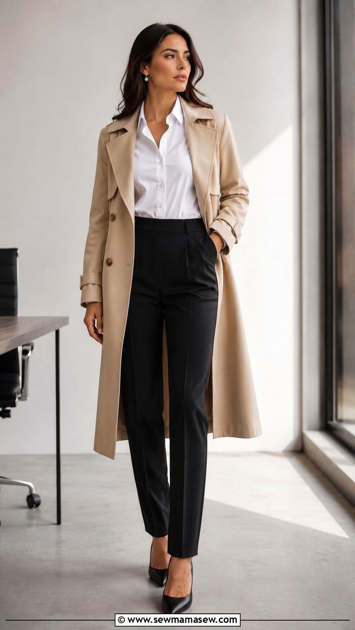 Trench coat with a white button down and black trousers - 30 how to style trench coat outfits