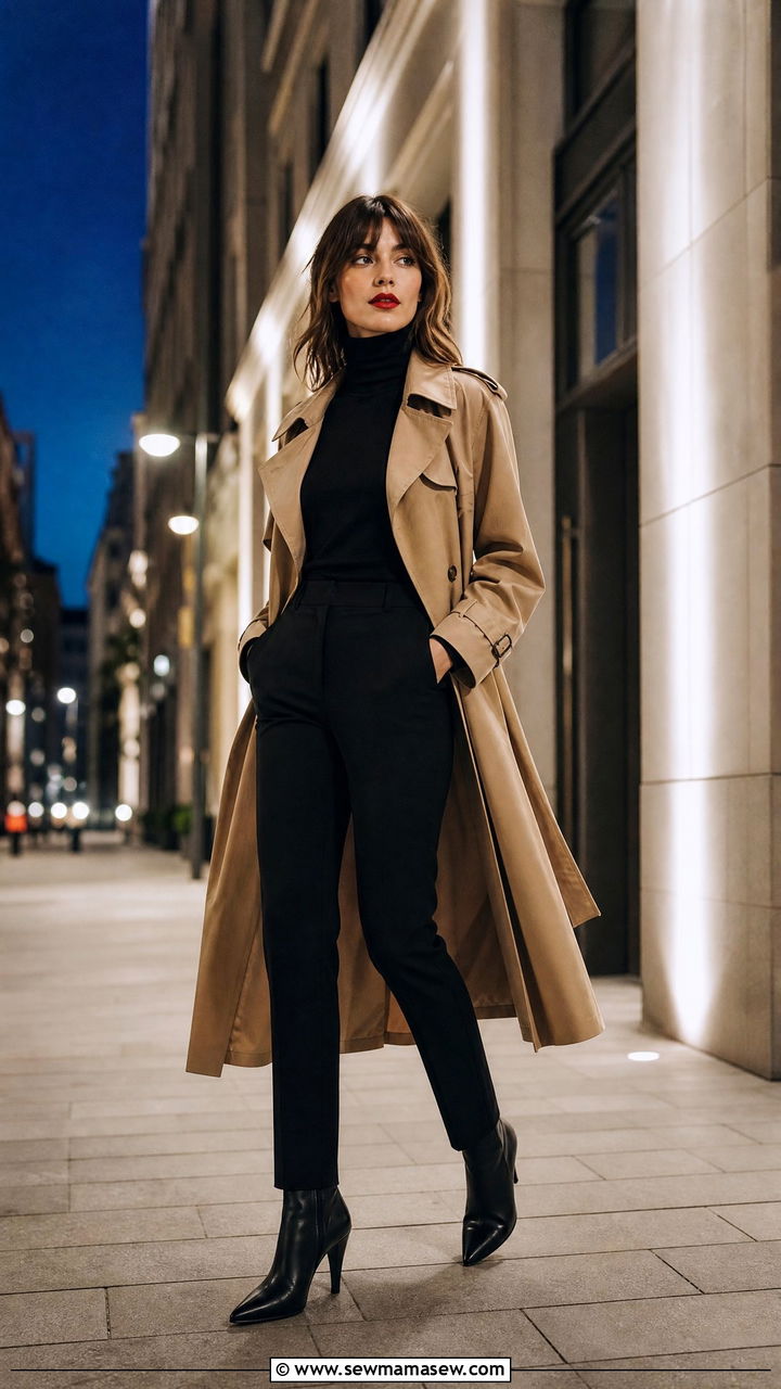 Trench coat with all black outfit and ankle boots - 25 French girl outfit ideas with a trench coat