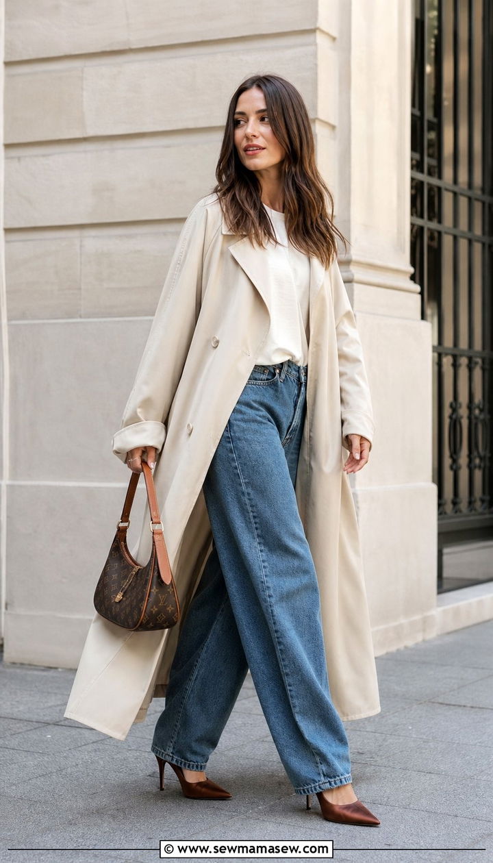Trench coat with baggy jeans and satin heels - 25 Sofia Richie spring outfit ideas