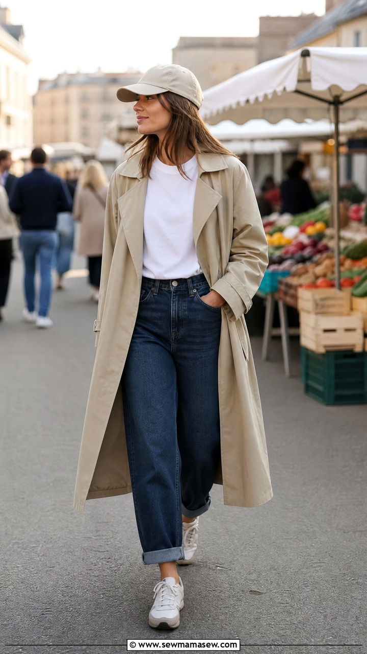 Trench coat with baseball cap and cuffed jeans - 25 French girl outfit ideas with a trench coat