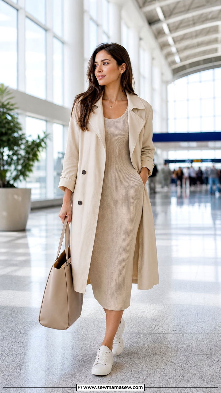 Trench coat with beige dress and white sneakers - 30 summer neutral outfit ideas