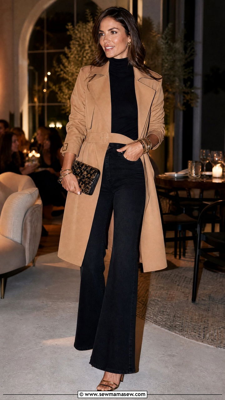 Trench coat with black flare jeans and metallic heeled sandals - 30 Flare jeans outfit ideas with a trench coat