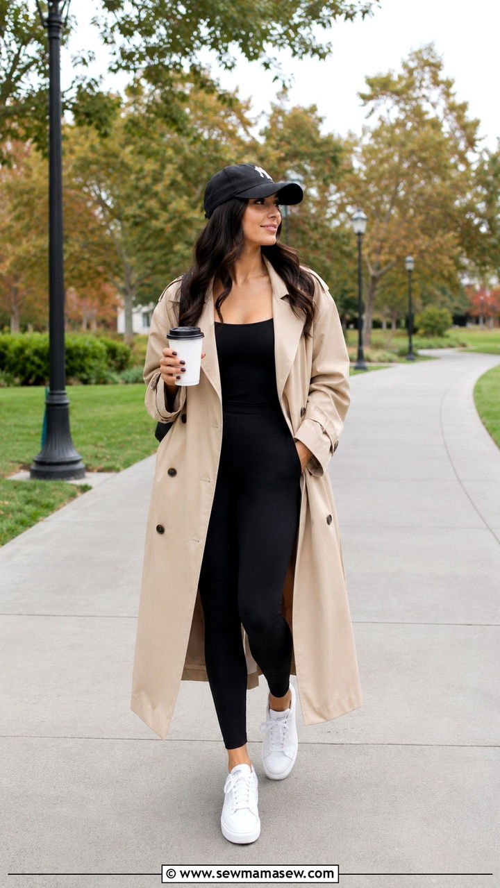 Trench coat with black leggings and sneakers - 30 transitional trench coat outfit ideas