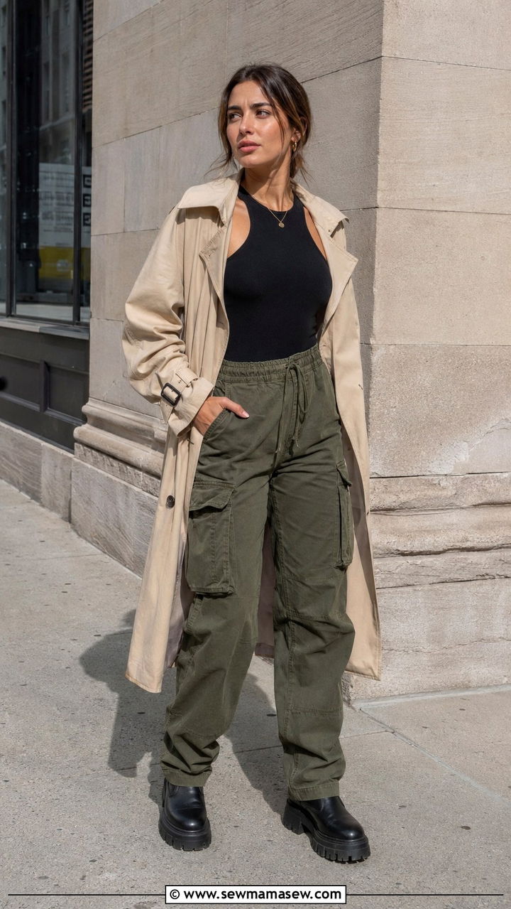 Trench coat with bodysuit and cargo pants - 30 transitional trench coat outfit ideas