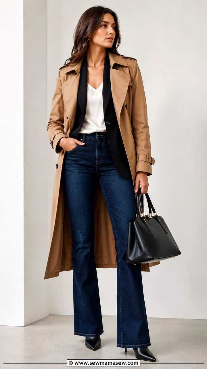 Trench coat with bootcut jeans and blazer - 25 Bootcut jeans outfit ideas with a trench coat