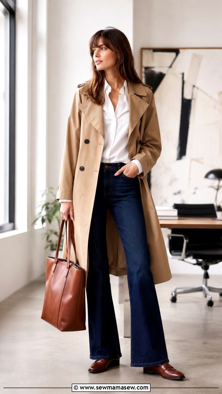 Trench coat with bootcut jeans and button down shirt - 25 Bootcut jeans outfit ideas with a trench coat