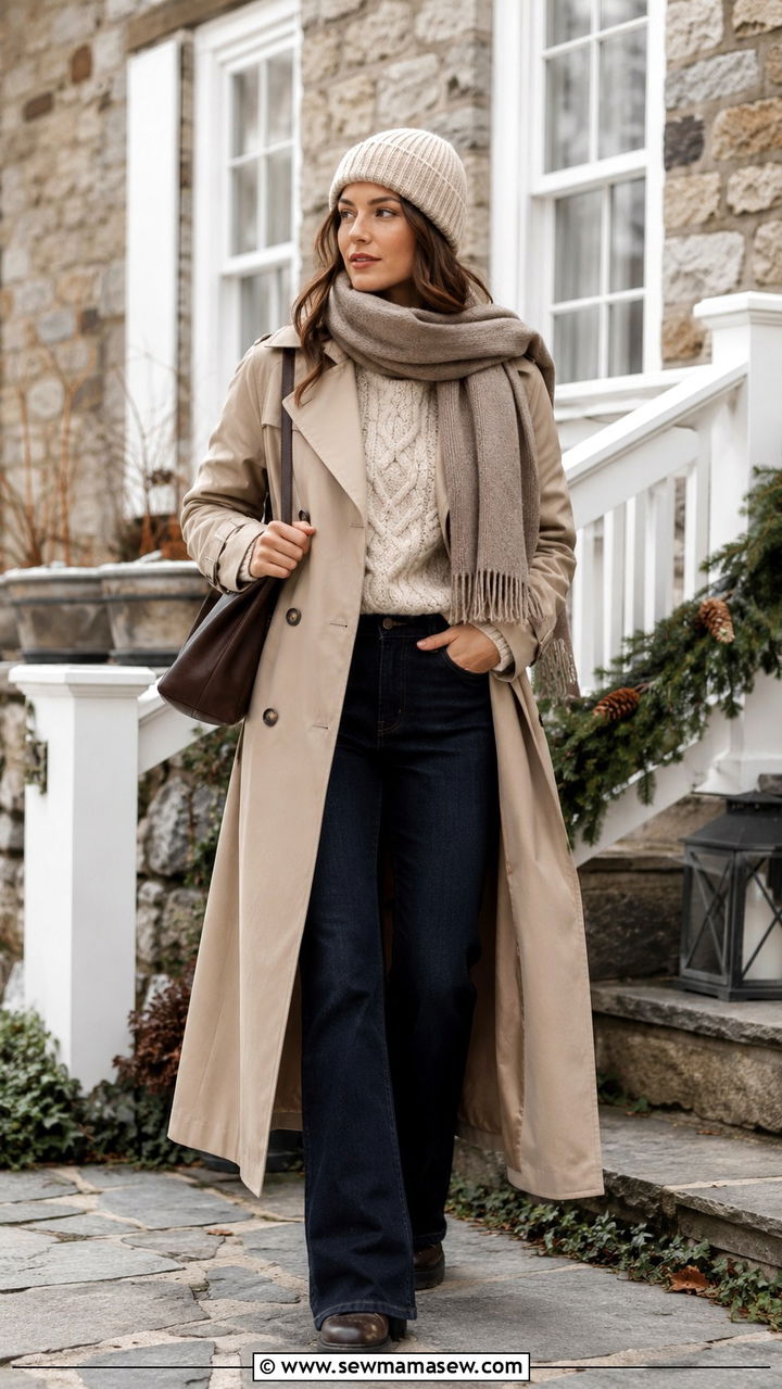 Trench coat with bootcut jeans and chunky knit - 25 Bootcut jeans outfit ideas with a trench coat
