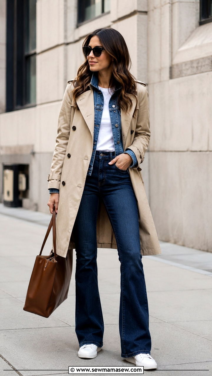 Trench coat with bootcut jeans and layered denim jacket - 25 Bootcut jeans outfit ideas with a trench coat