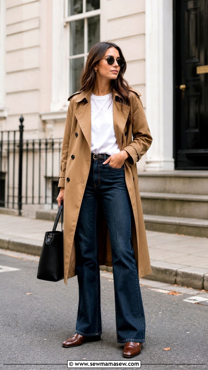 Trench coat with bootcut jeans and loafers - 25 Bootcut jeans outfit ideas with a trench coat