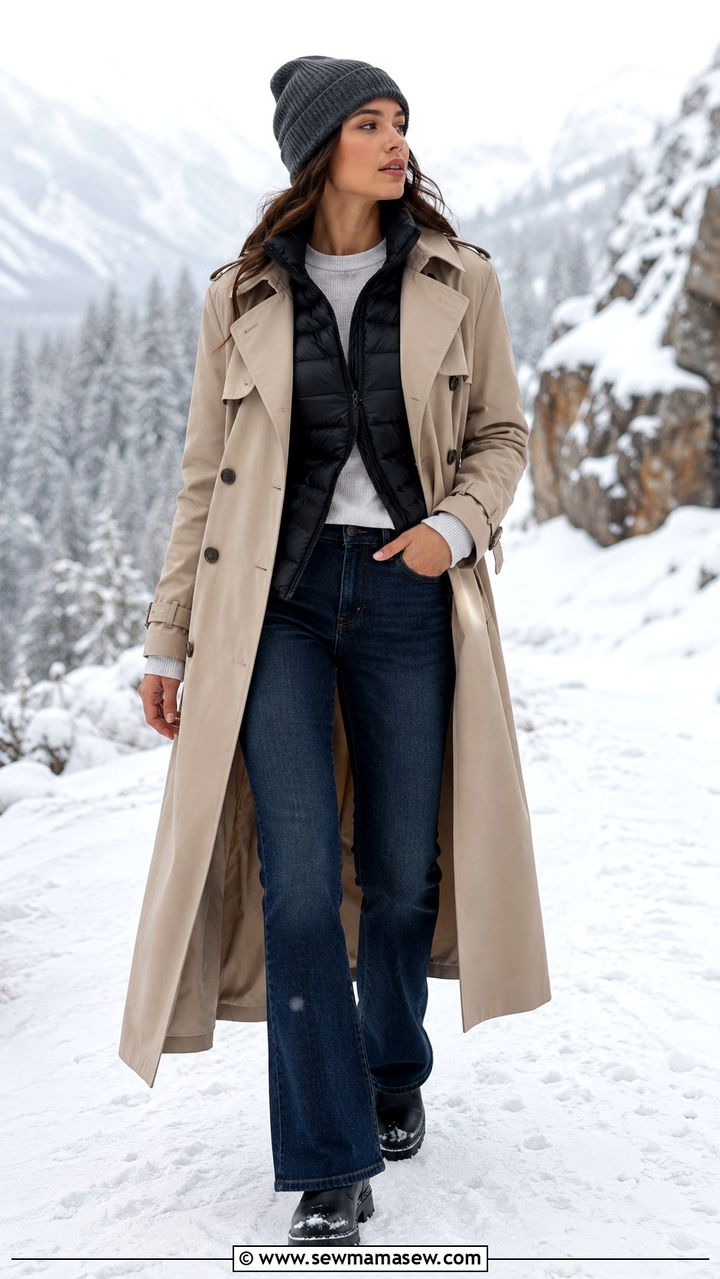 Trench coat with bootcut jeans and puffer vest - 25 Bootcut jeans outfit ideas with a trench coat