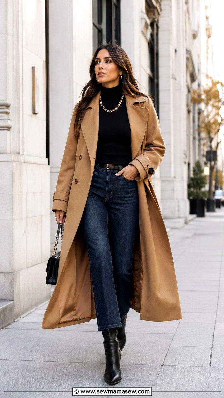 Trench coat with bootcut jeans and turtleneck - 25 Bootcut jeans outfit ideas with a trench coat