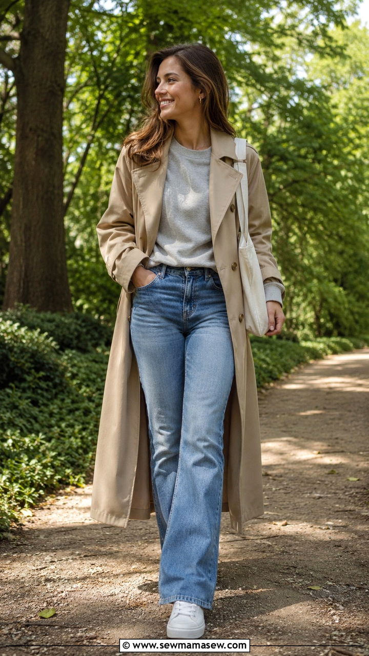 Trench coat with bootcut jeans and white sneakers - 25 Bootcut jeans outfit ideas with a trench coat