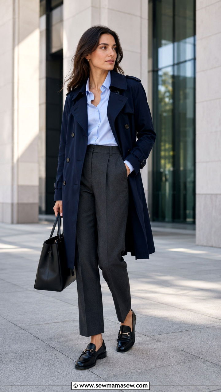 Trench coat with button down shirt and tailored trousers - 30 How to style a trench coat in spring