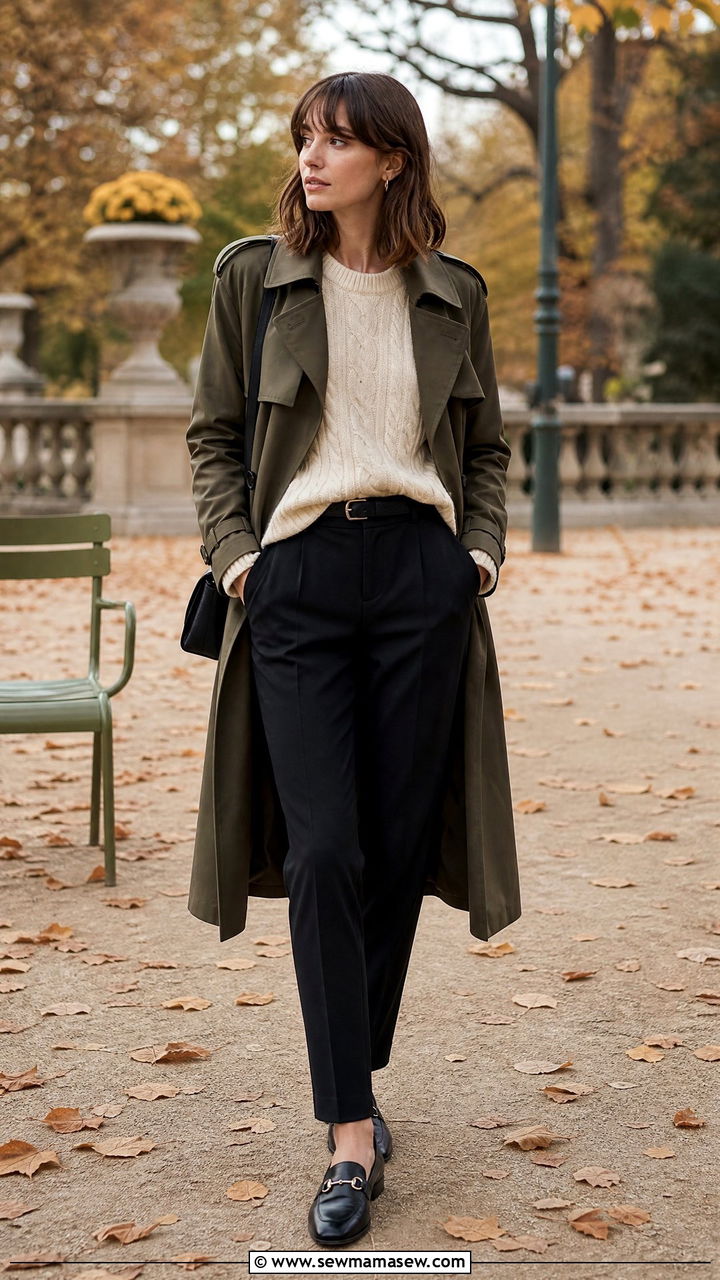 Trench coat with cable knit sweater and tailored trousers - 25 French girl outfit ideas with a trench coat