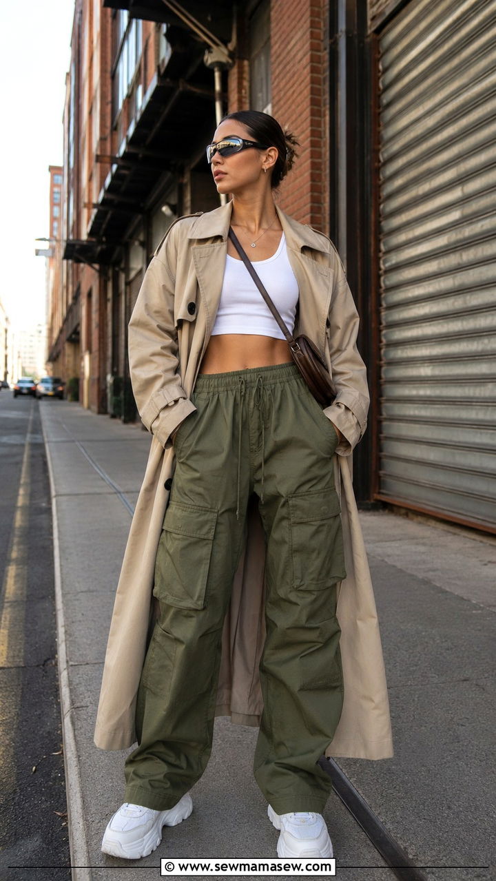 Trench coat with cargo pants and a crop top - 30 How to style a trench coat in spring