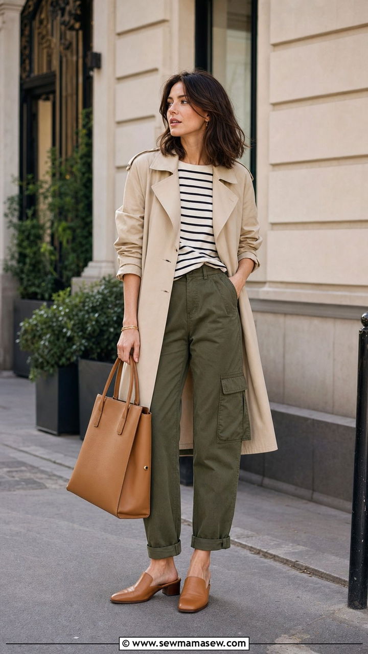 Trench coat with cargo pants and mules - 25 spring cargo pants outfit ideas