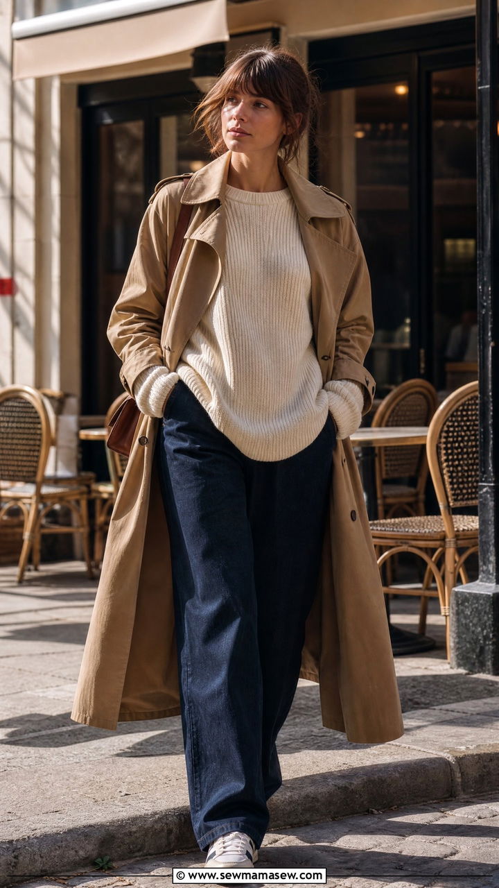 Trench coat with cream knit and wide leg denim - 25 French girl outfit ideas with a trench coat