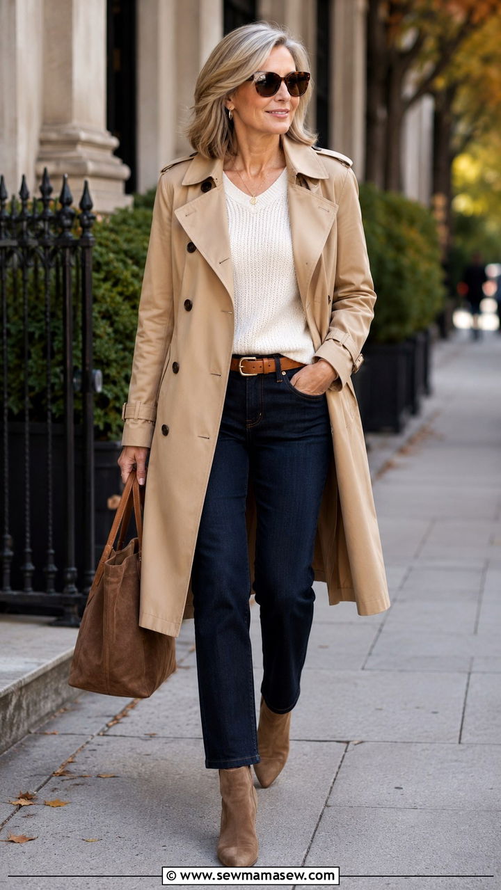 Trench coat with dark wash jeans and ankle boots - 25 Outfit ideas for women over 50 elevated casual