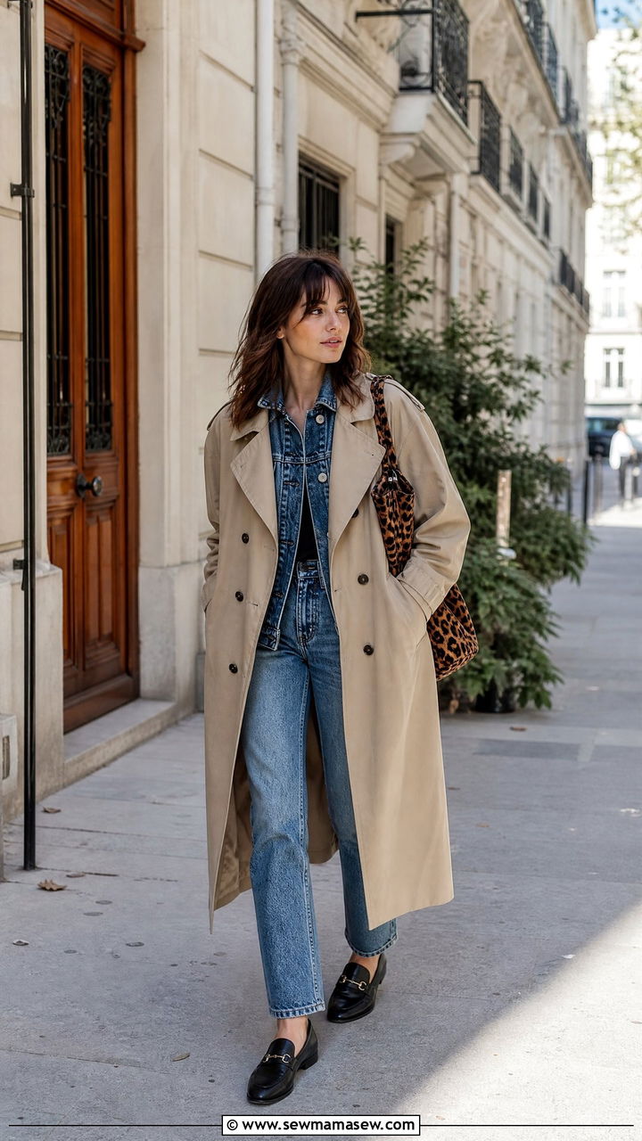 Trench coat with double denim and leopard bag - 25 French girl outfit ideas with a trench coat