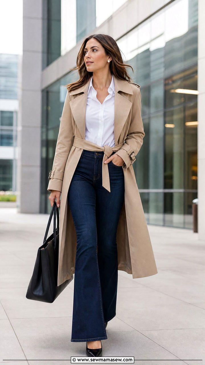 Trench coat with flare jeans a crisp white button down and pointed heels - 30 Flare jeans outfit ideas with a trench coat