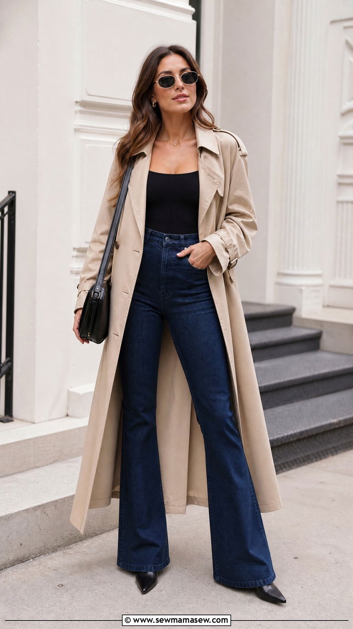 Trench coat with flare jeans and a bodysuit - 30 Flare jeans outfit ideas with a trench coat
