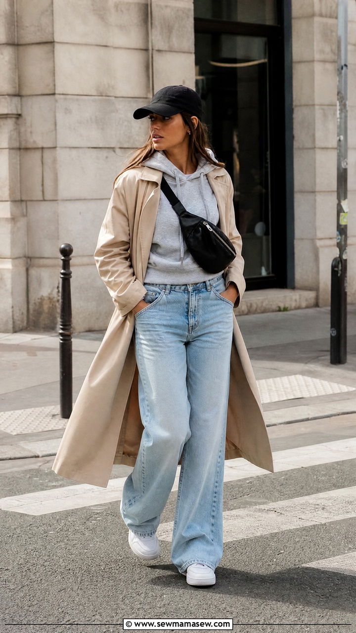 Trench coat with flare jeans and a hoodie underneath - 30 Flare jeans outfit ideas with a trench coat