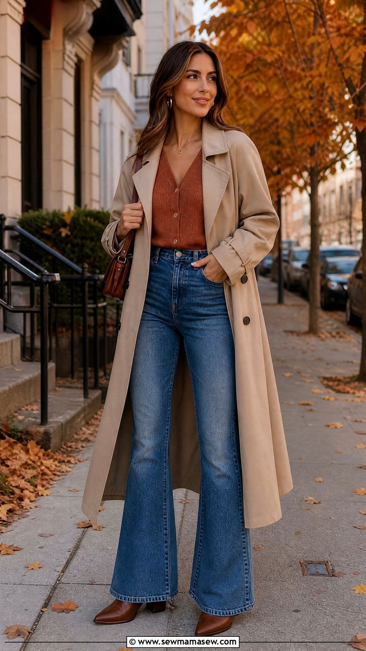 Trench coat with flare jeans and a tucked in cardigan - 30 Flare jeans outfit ideas with a trench coat