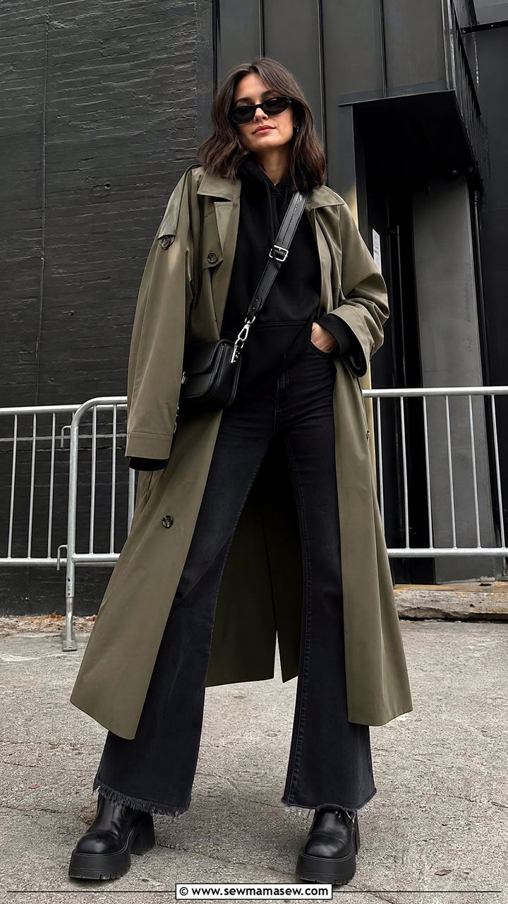 Trench coat with flare jeans and chunky platform boots - 30 Flare jeans outfit ideas with a trench coat