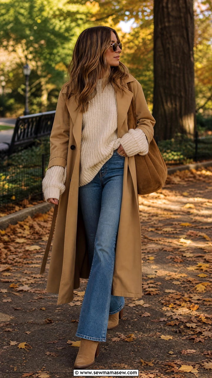 Trench coat with flare jeans and oversized knit sweater - 30 Flare jeans outfit ideas with a trench coat