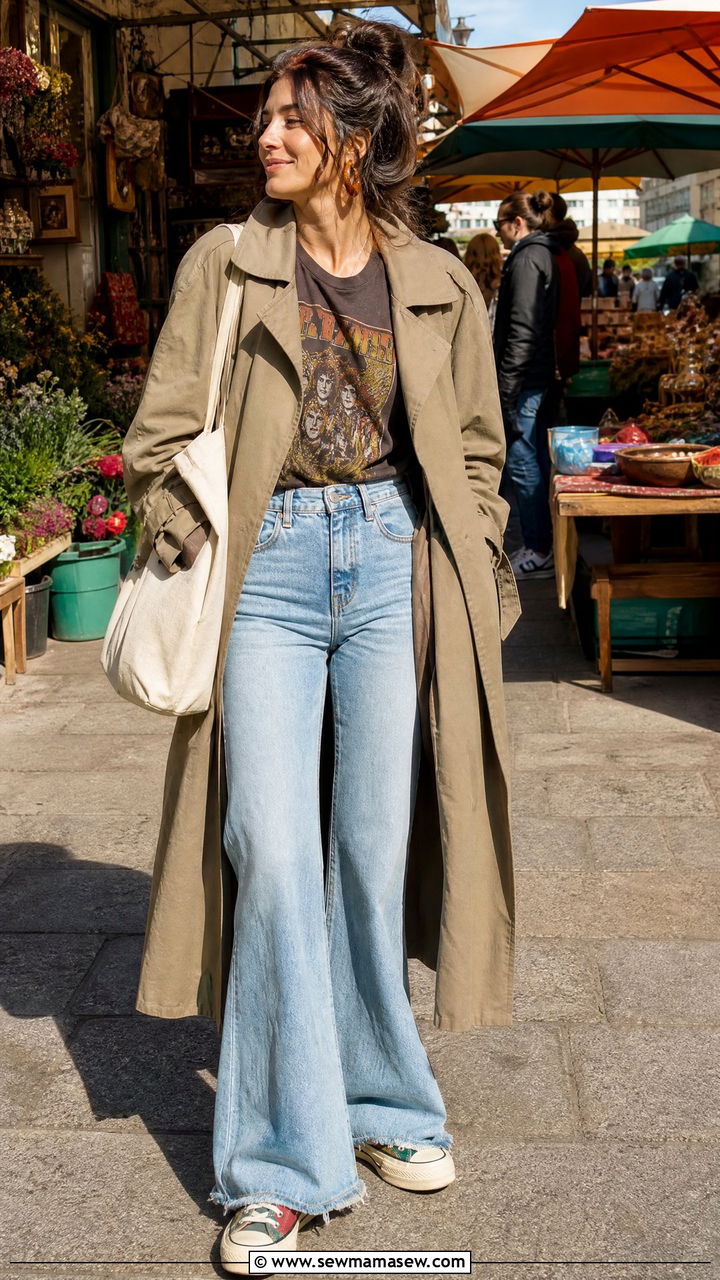 Trench coat with flared jeans and a graphic vintage tee - 30 Flare jeans outfit ideas with a trench coat