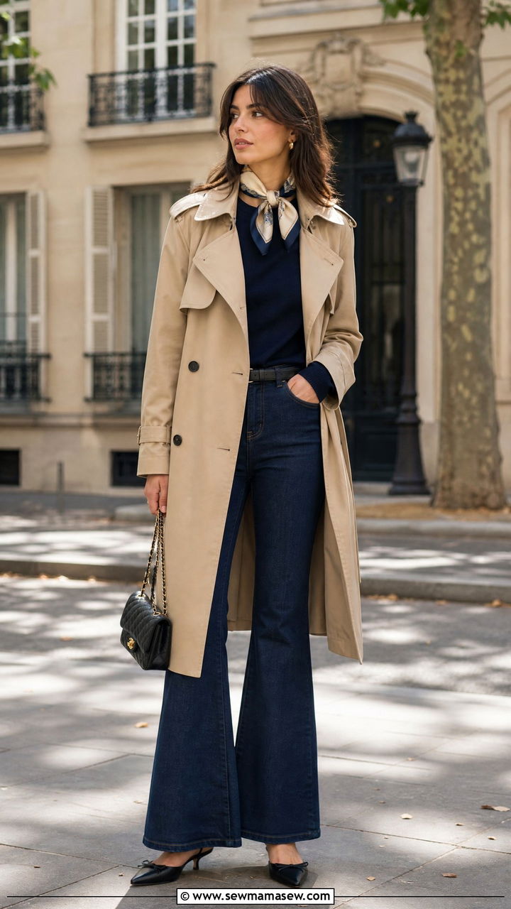 Trench coat with flared jeans and a silk scarf accessory - 30 Flare jeans outfit ideas with a trench coat