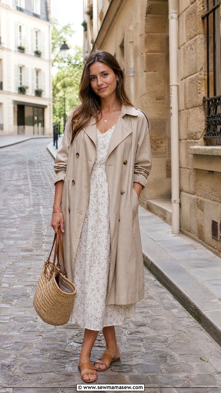 Trench coat with flat sandals summer look - 30 summer trench coat outfit ideas