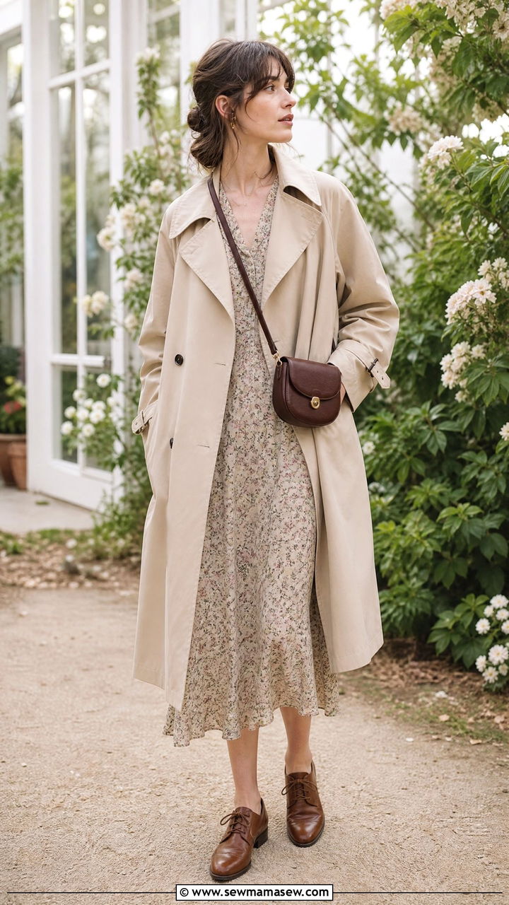 Trench coat with floral midi dress and oxfords - 25 French girl outfit ideas with a trench coat