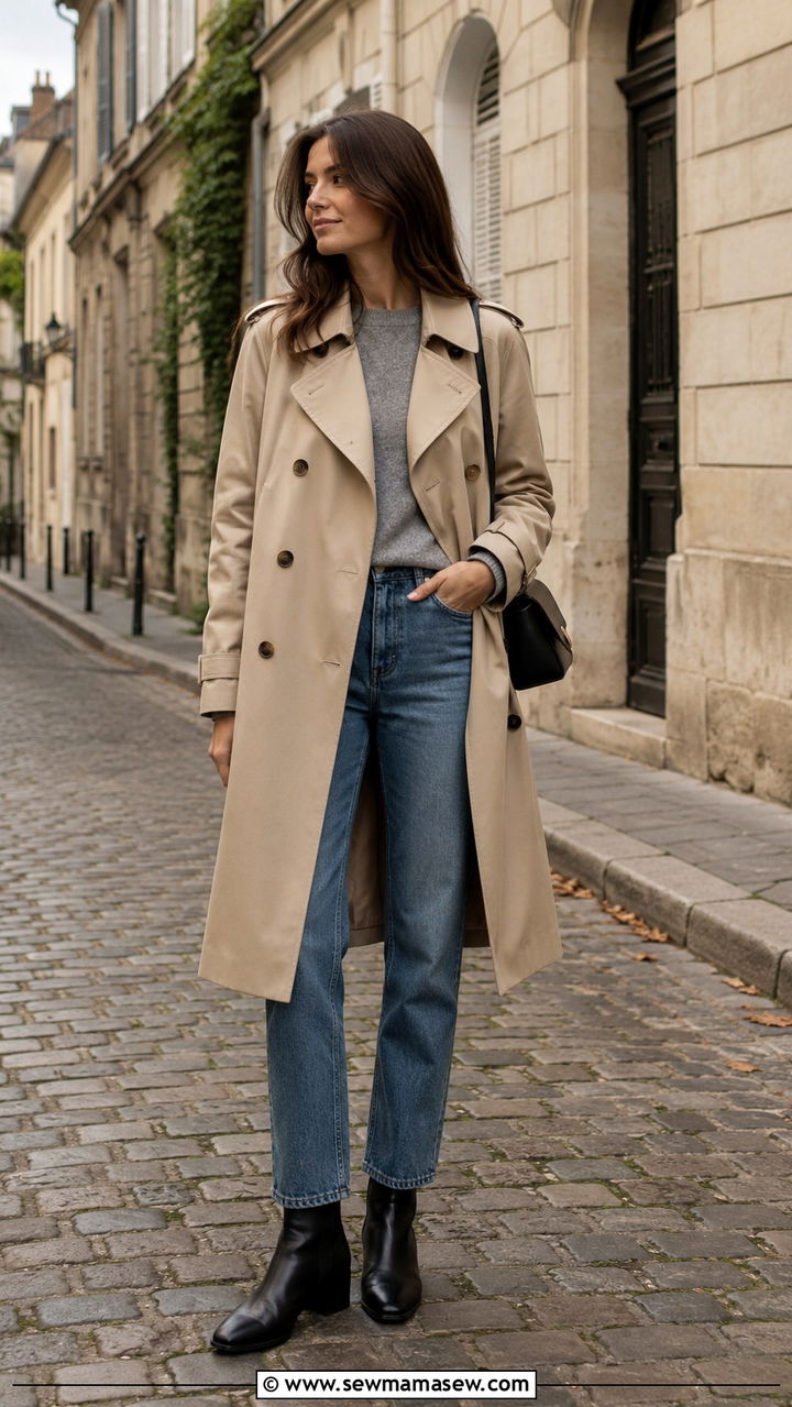 Trench coat with grey knit and straight leg jeans - 30 minimalist outfits for women