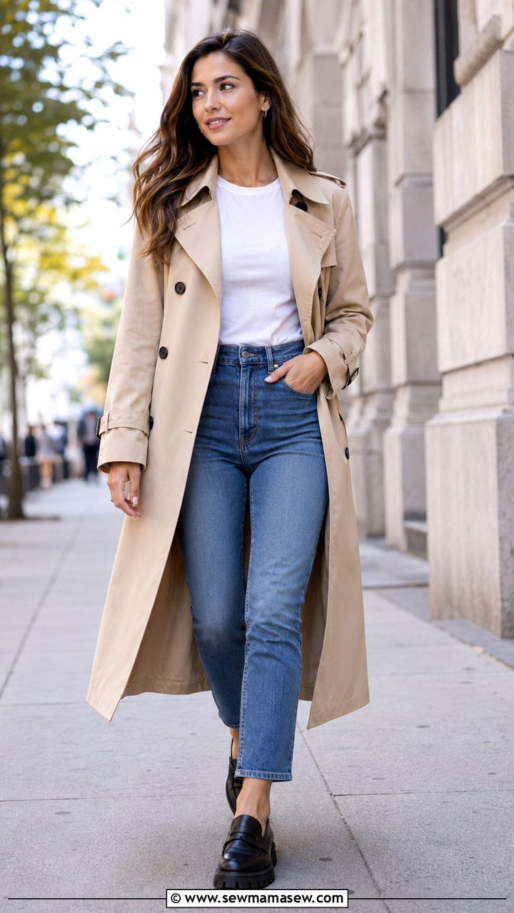 Trench coat with high waisted cropped jeans and loafers - 30 High waisted jeans outfit ideas with loafers