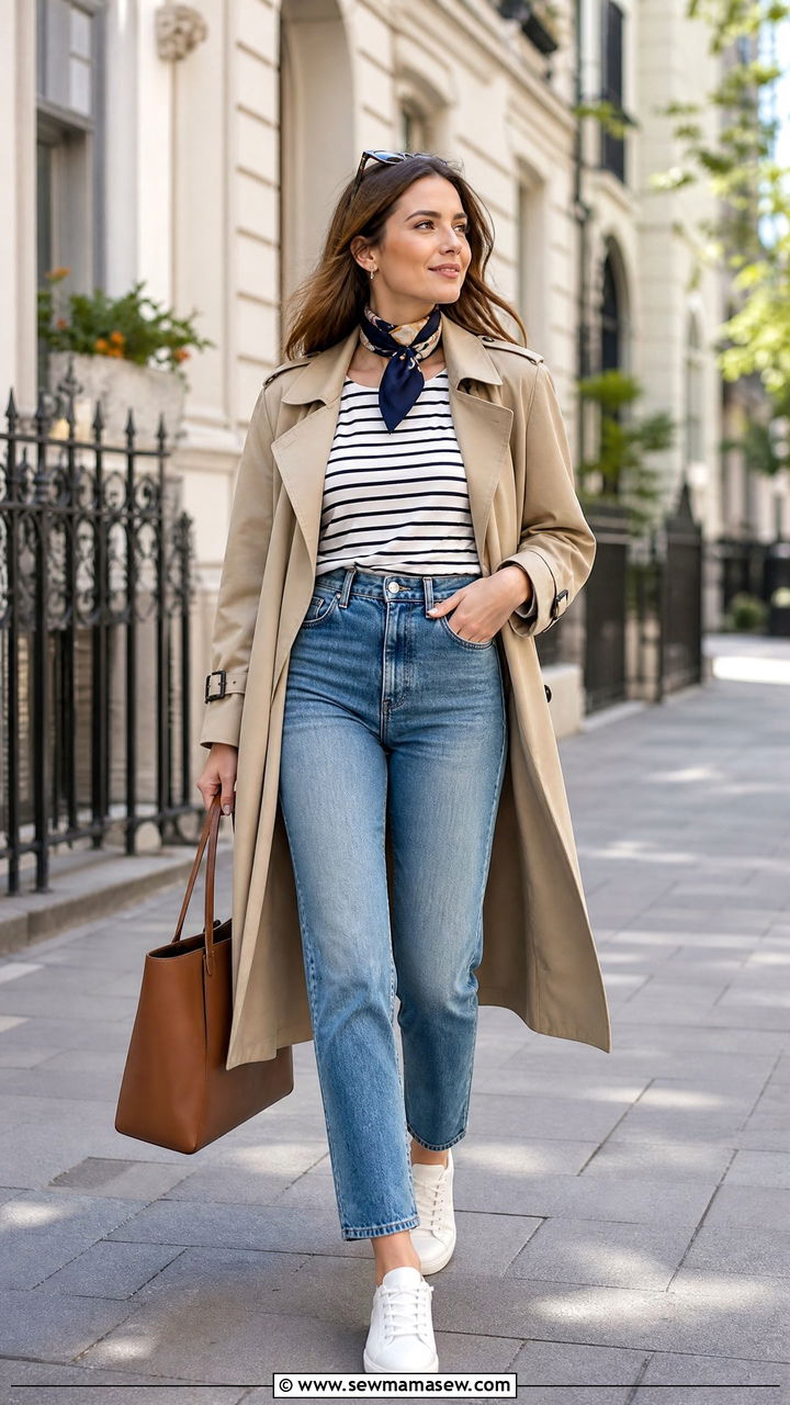 Trench coat with high waisted jeans and white sneakers - 25 High waisted jeans outfit ideas with white sneakers
