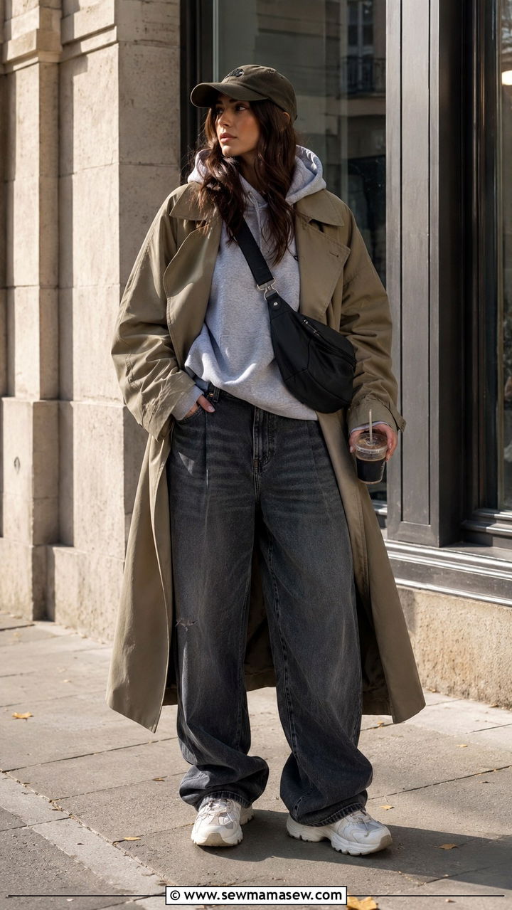 Trench coat with hoodie and baggy jeans - 30 How to style a trench coat in spring