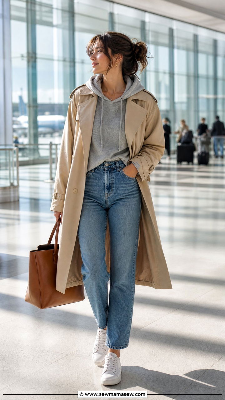 Trench coat with hoodie and sneakers - 25 French girl outfit ideas with a trench coat
