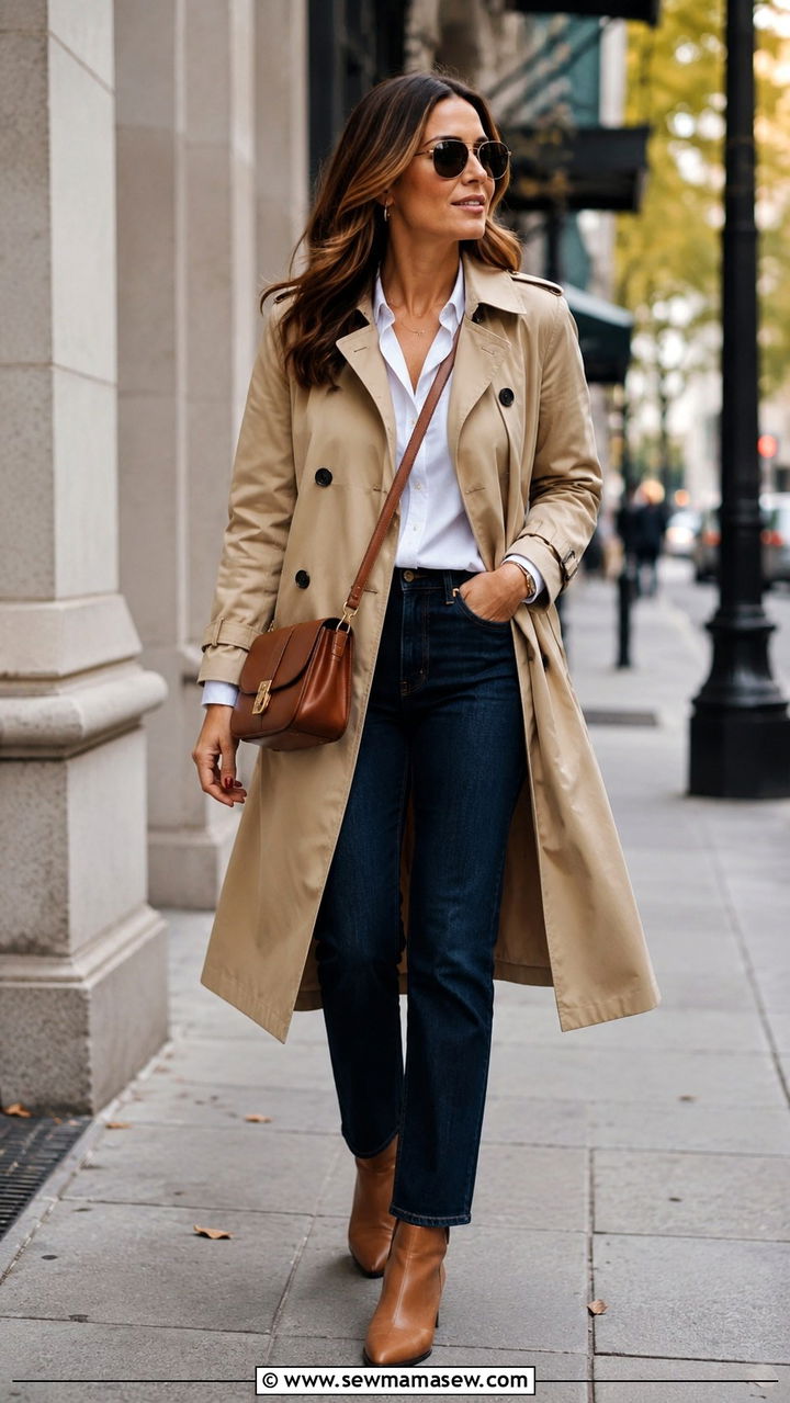 Trench coat with jeans and ankle boots - 30 Grown woman outfit ideas