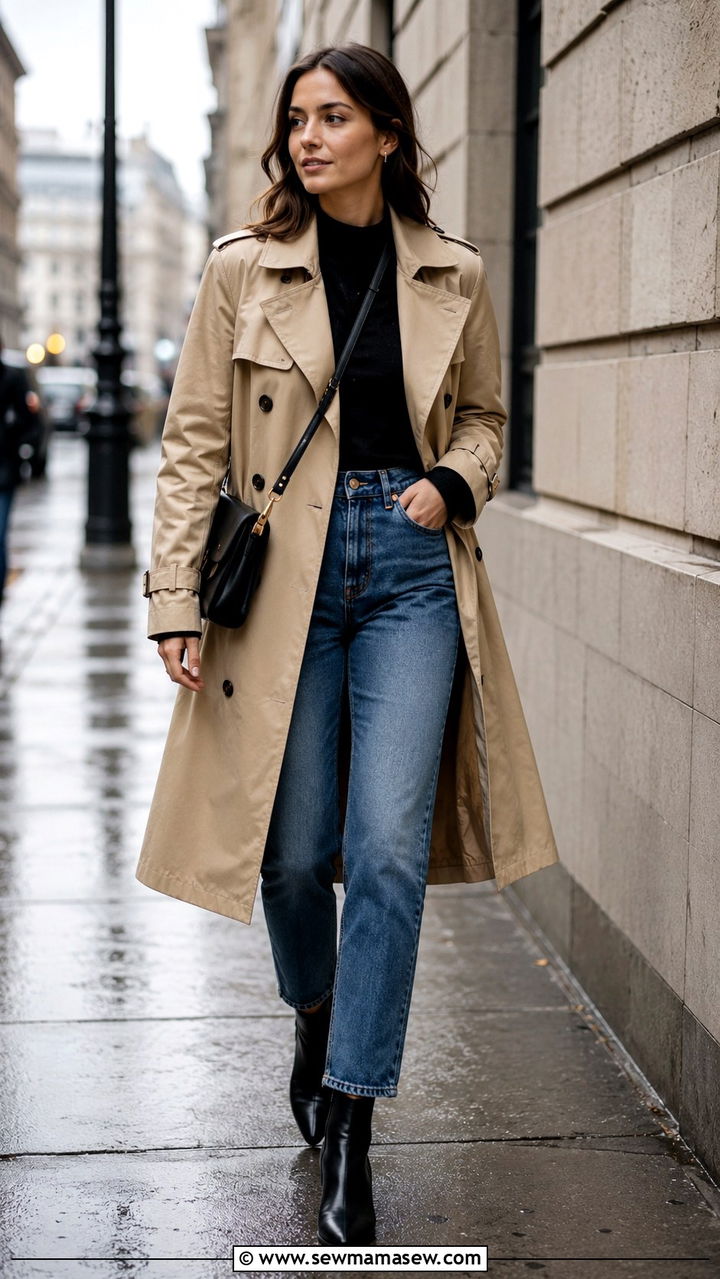 Trench coat with jeans and ankle boots - 30 Rainy day weekend outfit ideas
