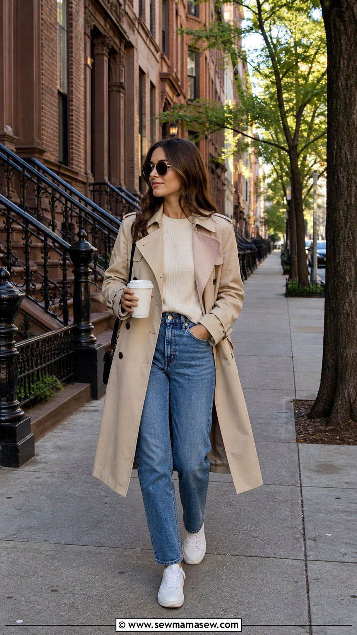 Trench coat with jeans and knit top - 40 What to wear in Chicago