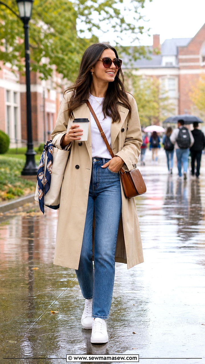 Trench coat with jeans and sneakers outfit - 40 school outfits