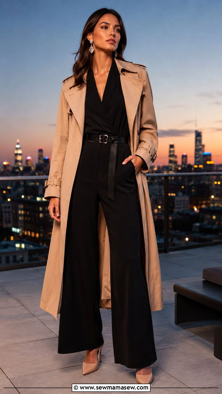Trench coat with jumpsuit and pointed pumps - 30 transitional trench coat outfit ideas
