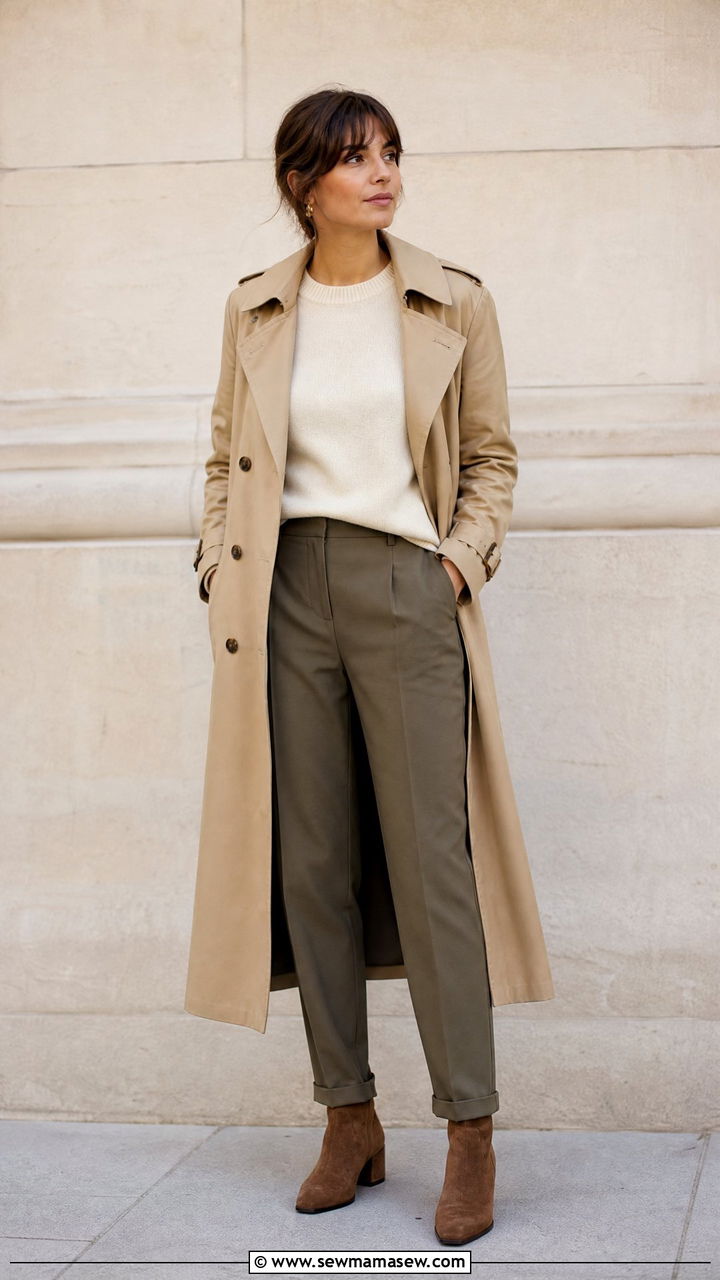 Trench coat with khaki trousers and crewneck sweater - 25 French girl outfit ideas with a trench coat