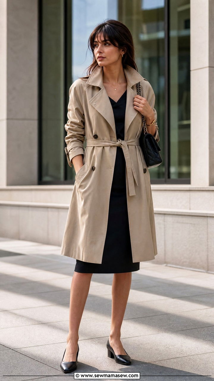 Trench coat with knee length skirt and block heels - 25 French girl outfit ideas with a trench coat