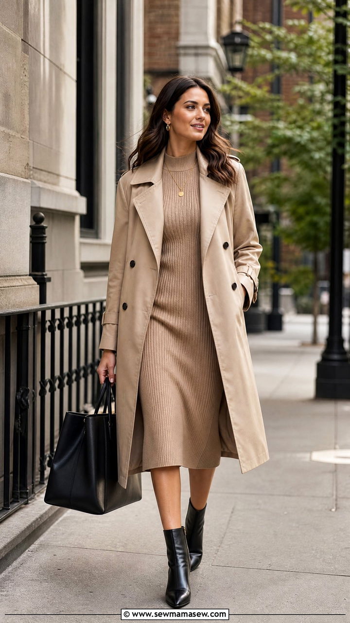 Trench coat with knit dress spring office outfit - 40 Spring office outfit ideas